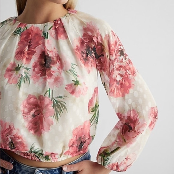 Express Pink Floral Gathered Neck Balloon Sleeve Top Clip Dot Lined Sz Large - Picture 2 of 13